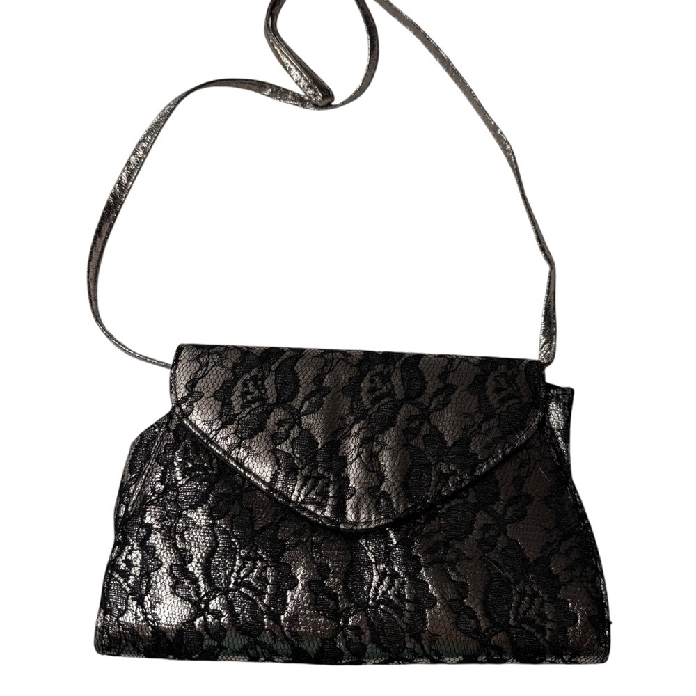 Neiman‎ Marcus Metallic Pewter Black Lace Evening Clutch Shoulder Bag Crossbody
